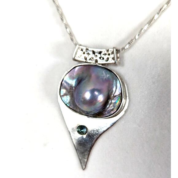 SS Mabe pearl+ blue zircon abstract pendant +19" chainPendant 11/4" x 2"Signed - Picture 1 of 8